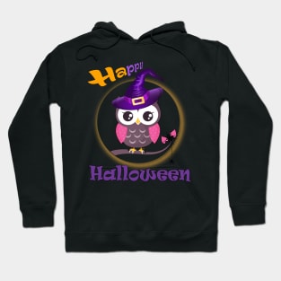 Who is ready to scare? Funny baby owl with a witch hat and a web of two hearts with a ghostly spider - Happy Halloween Hoodie